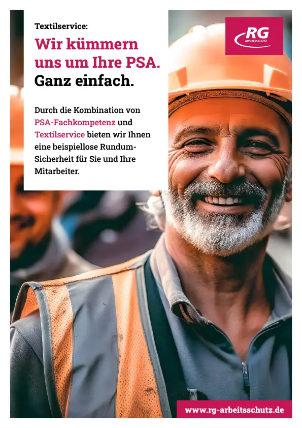 Broschüre Textilservice. Mann mit Helm lächelt auf dem Cover
