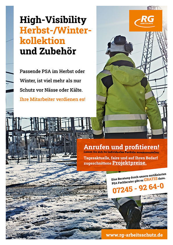 Titel des kataloges High-Visibility Herbst-/Winterkollektion und Zubehör. Mann läuft in Schutzkleidung über Schnee