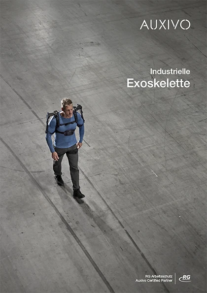 Broschüre: Ein Mann trägt ein Exoskelett von Auxivo in einer großen Industriehalle. Rechts oben steht der Schriftzug ‚AUXIVO – Industrielle Exoskelette‘. Unten rechts befinden sich die Logos von RG Arbeitsschutz und dem Hinweis ‚Auxivo Certified Partner‘.
